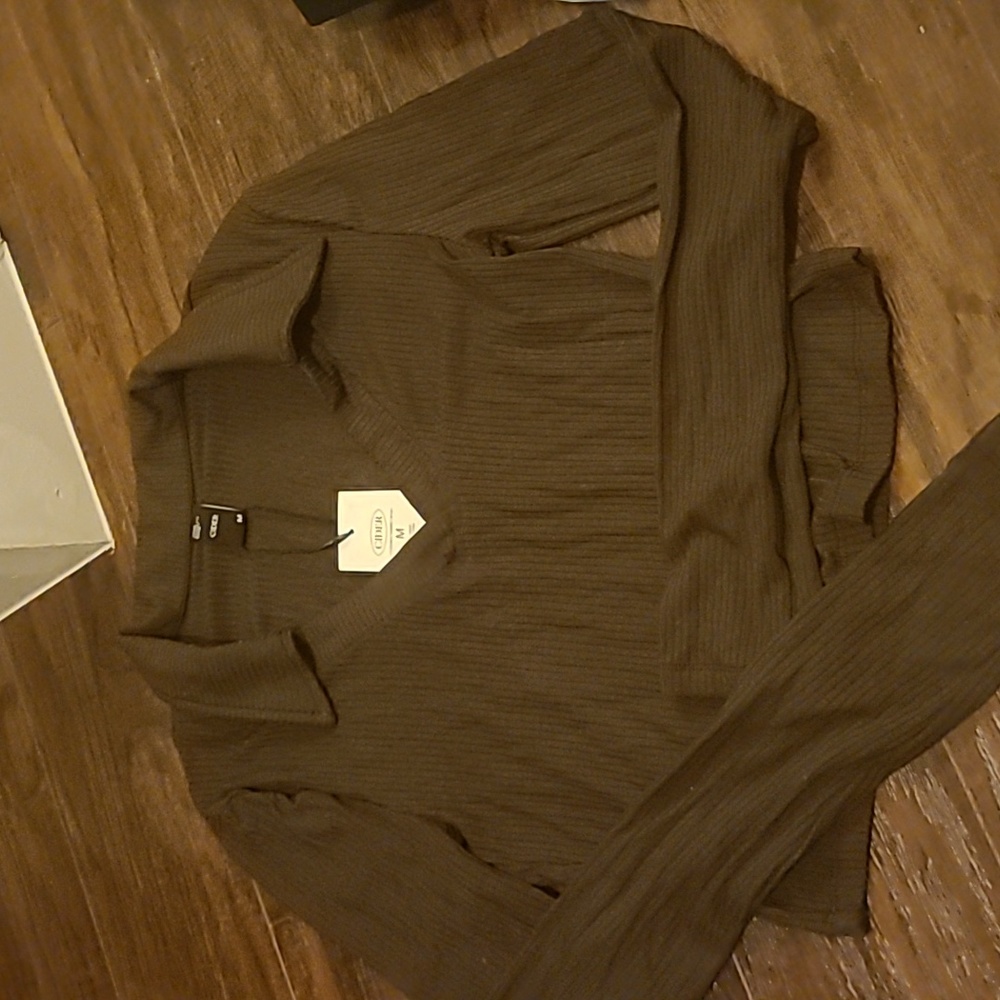 Brown Longsleeve Collared Ribbed Crop Top